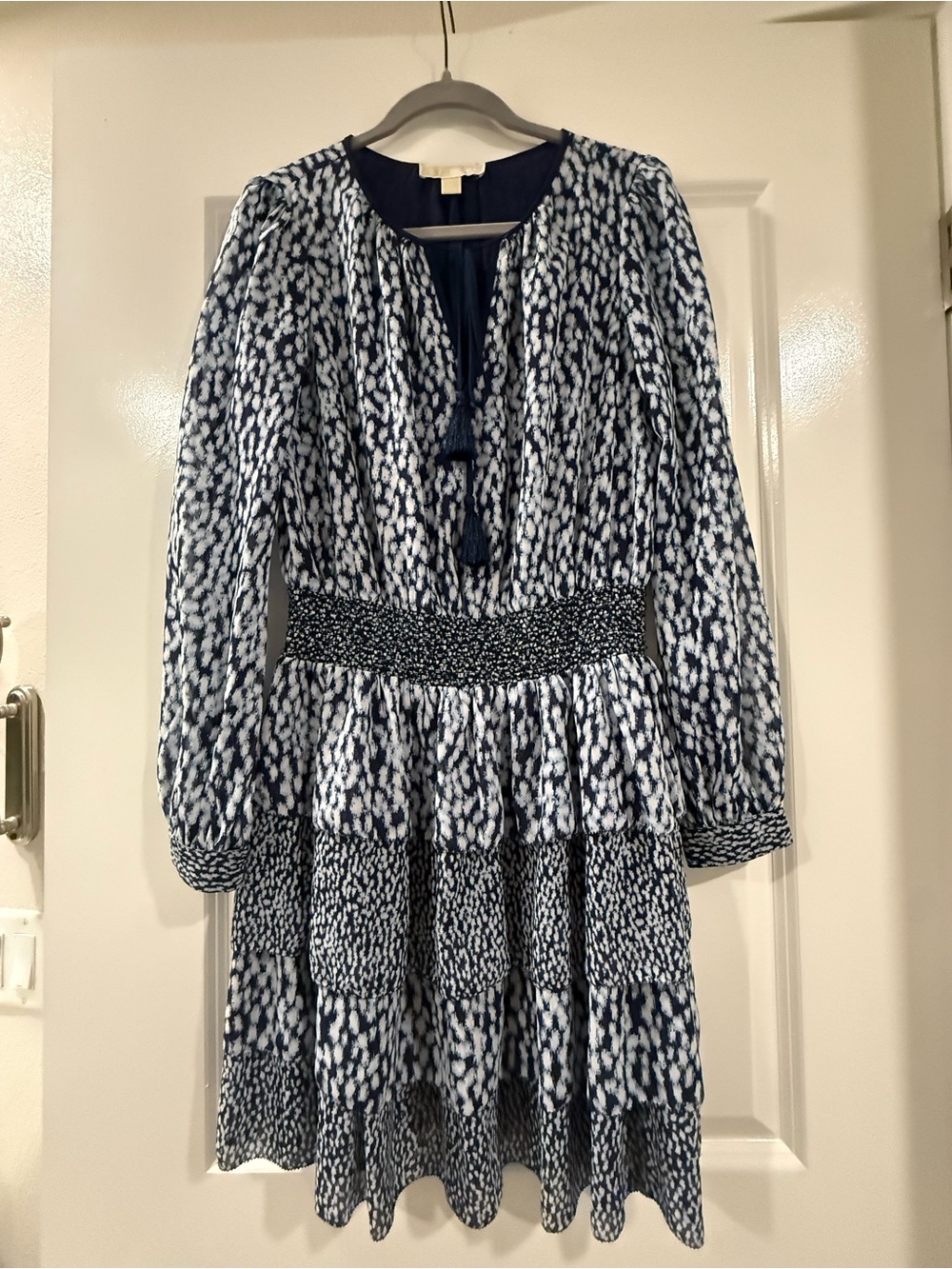 Michael Kors Navy and White Tiered Long Sleeve Printed Dress